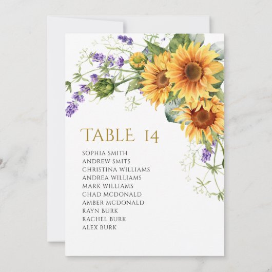 Rustic Sunflowers Wedding Seating Chart Cards Kaart (Achterkant)