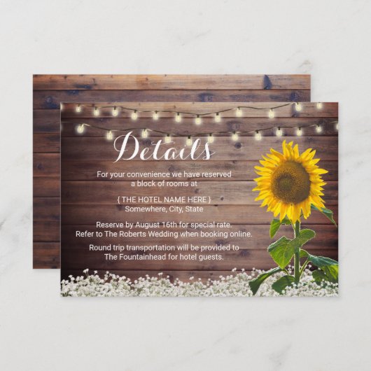 Rustic Sunfower String Lights Barn Wedding Details Kaart (Voorkant / Achterkant)