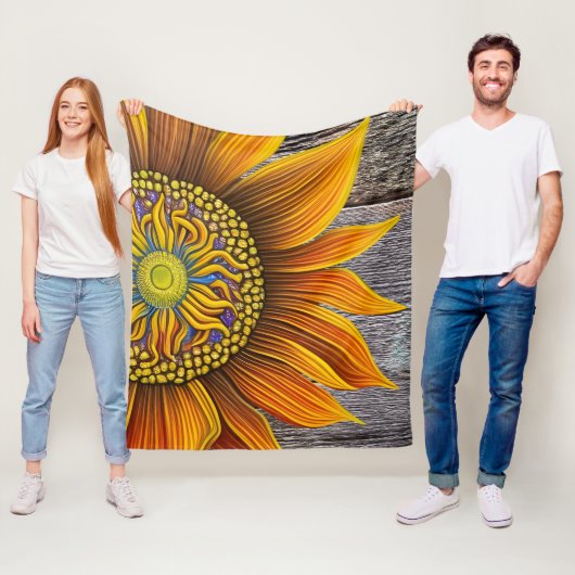 Rustic Sunny Sunflower op Barn Board Fleece Deken (In situ)