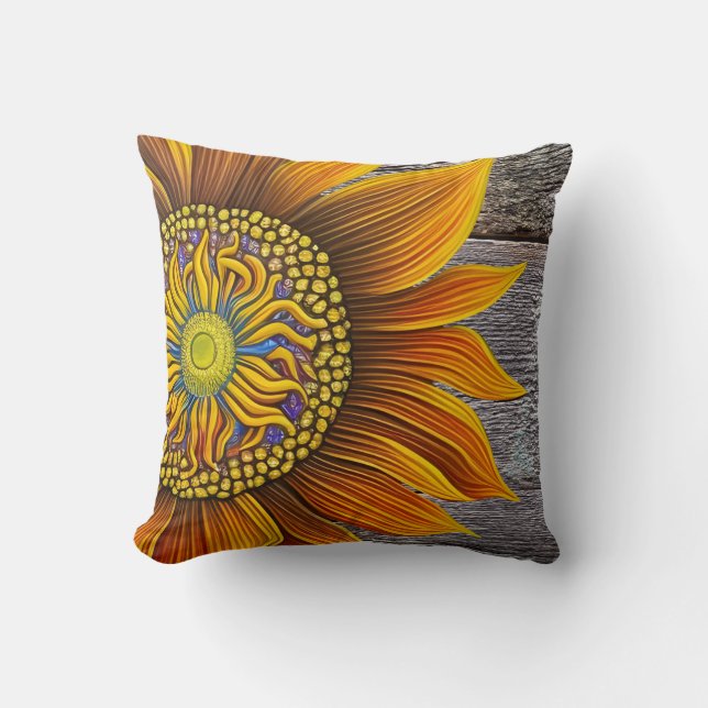 Rustic Sunny Sunflower op Barn Board Kussen (Voorkant)