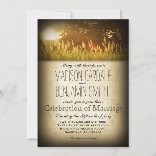 Rustic Sunset Field Meadow Country Wedding Invites Kaart (Voorkant)
