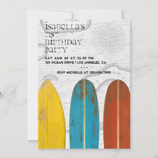 Rustic Surfer Typography Birthday Invitation Kaart (Achterkant)