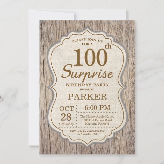 Rustic Surprise 100th Birthday Invitation Wood Kaart (Voorkant)