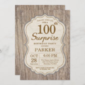 Rustic Surprise 100th Birthday Invitation Wood Kaart (Voorkant / Achterkant)