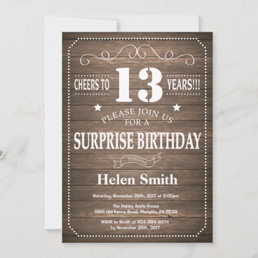 Rustic Surprise 13th Birthday Invitation Kaart (Voorkant)