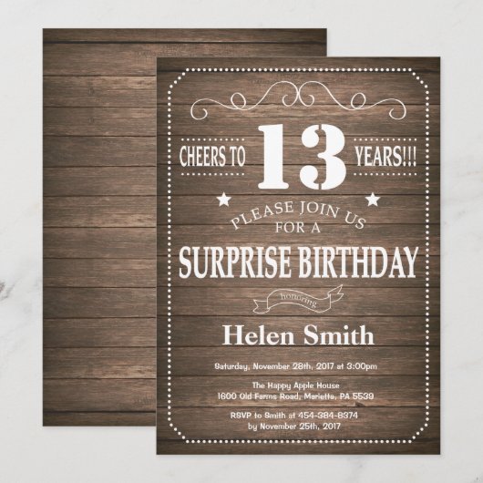 Rustic Surprise 13th Birthday Invitation Kaart (Voorkant / Achterkant)