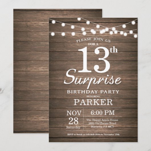 Rustic Surprise 13th Birthday Invitation Wood Kaart (Voorkant / Achterkant)