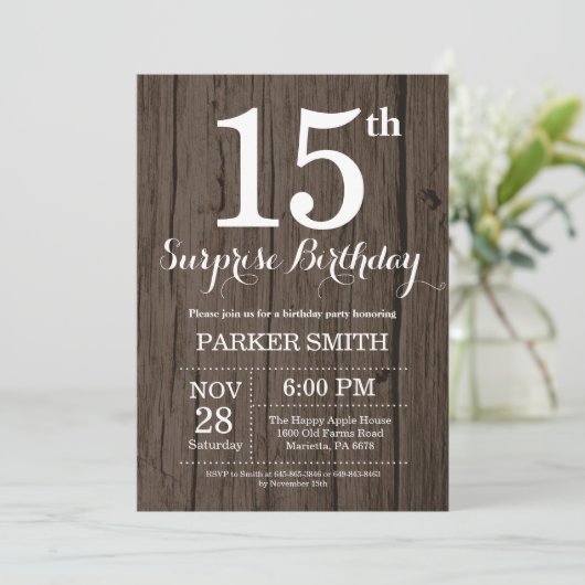 Rustic Surprise 15th Birthday Invitation Kaart (Staand voorkant)