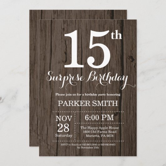 Rustic Surprise 15th Birthday Invitation Kaart (Voorkant / Achterkant)