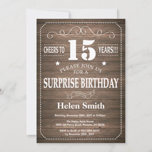 Rustic Surprise 15th Birthday Invitation Kaart (Voorkant)