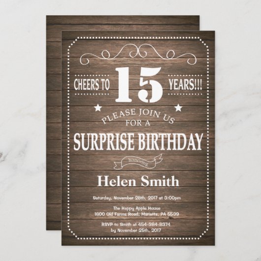 Rustic Surprise 15th Birthday Invitation Kaart (Voorkant / Achterkant)