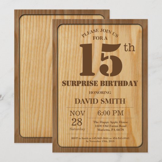 Rustic Surprise 15th Birthday Invitation Wood Kaart (Voorkant / Achterkant)