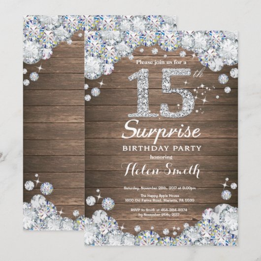 Rustic Surprise 15th Birthday Silver Diamond Kaart (Voorkant / Achterkant)