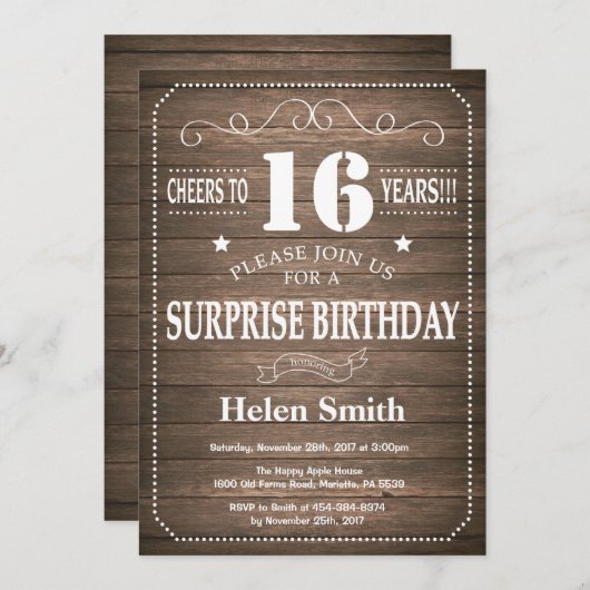 Rustic Surprise 16th Birthday Invitation Kaart (Voorkant / Achterkant)