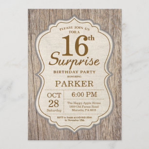 Rustic Surprise 16th Birthday Invitation Wood Kaart