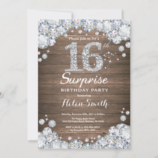 Rustic Surprise 16th Birthday Silver Diamond Kaart (Voorkant)