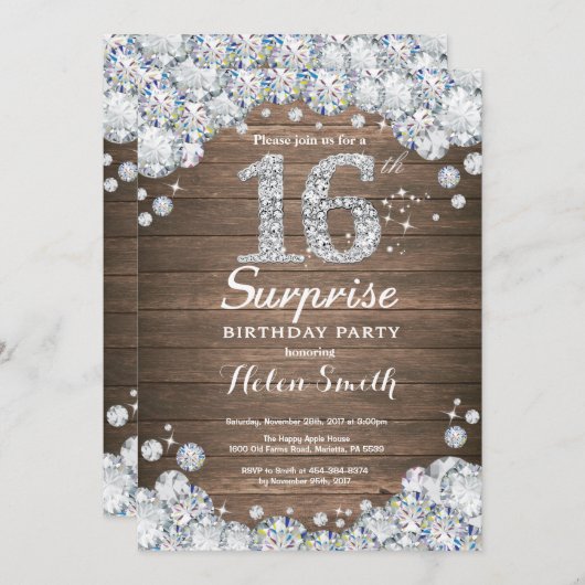 Rustic Surprise 16th Birthday Silver Diamond Kaart (Voorkant / Achterkant)
