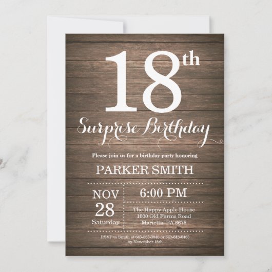 Rustic Surprise 18th Birthday Invitation Kaart (Voorkant)