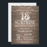Rustic Surprise 18th Birthday Invitation Kaart<br><div class="desc">Rustic Surprise 18e verjaardagsuitnodiging met rustieke houten achtergrond. String Lights.  retro. Verjaardag voor volwassenen. Verjaardag van Mannen of vrouwen. Voor verdere aanpassing klikt u op de knop "Aanpassen" en gebruikt u onze ontwerptool om deze sjabloon te wijzigen.</div>