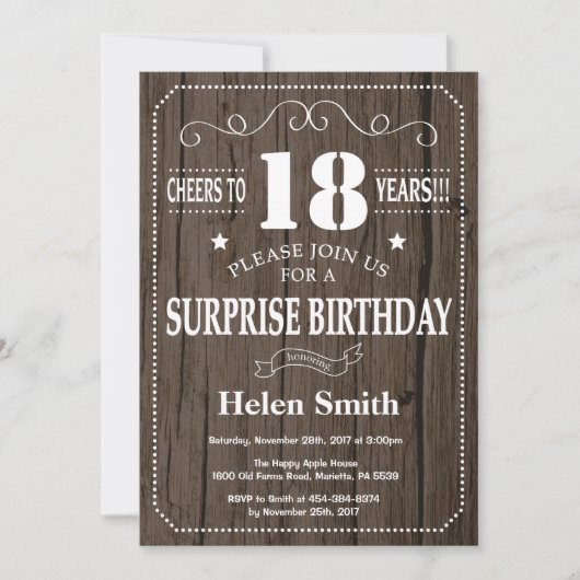 Rustic Surprise 18th Birthday Invitation Kaart (Voorkant)