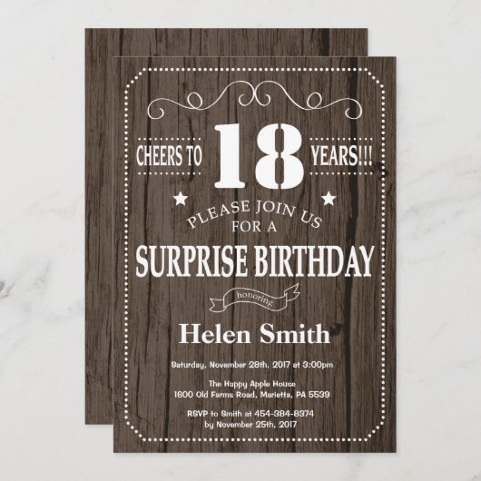 Rustic Surprise 18th Birthday Invitation Kaart (Voorkant / Achterkant)