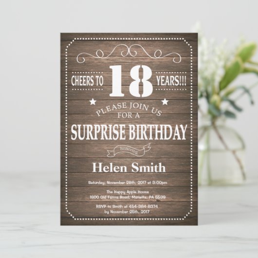 Rustic Surprise 18th Birthday Invitation Kaart (Staand voorkant)