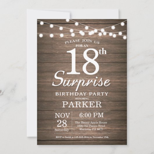 Rustic Surprise 18th Birthday Invitation Wood Kaart (Voorkant)