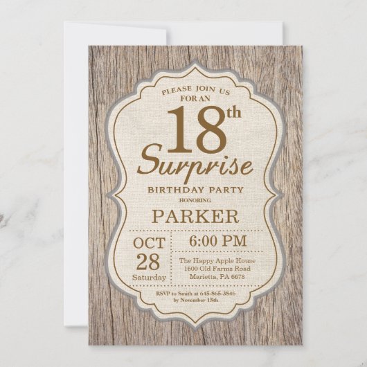 Rustic Surprise 18th Birthday Invitation Wood Kaart (Voorkant)