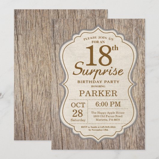 Rustic Surprise 18th Birthday Invitation Wood Kaart (Voorkant / Achterkant)