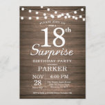 Rustic Surprise 18th Birthday Invitation Wood Kaart<br><div class="desc">Rustic Surprise 18th Birthday Invitation with String Lights Wood Background 13e 15e 16e 18e 21e 30e 40e 60e 70e 90e 100e,  elke leeftijd. Voor verdere aanpassing,  te klikken gelieve de knoop "van de Aanpassing het"en ons ontwerphulpmiddel te gebruiken om deze sjabloon te wijzigen.</div>