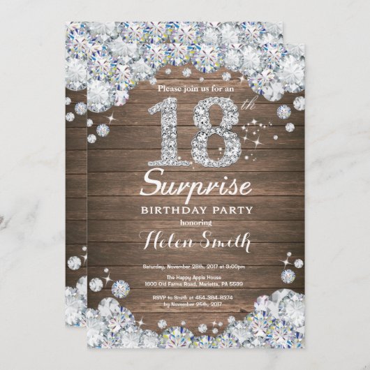 Rustic Surprise 18th Birthday Silver Diamond Kaart (Voorkant / Achterkant)