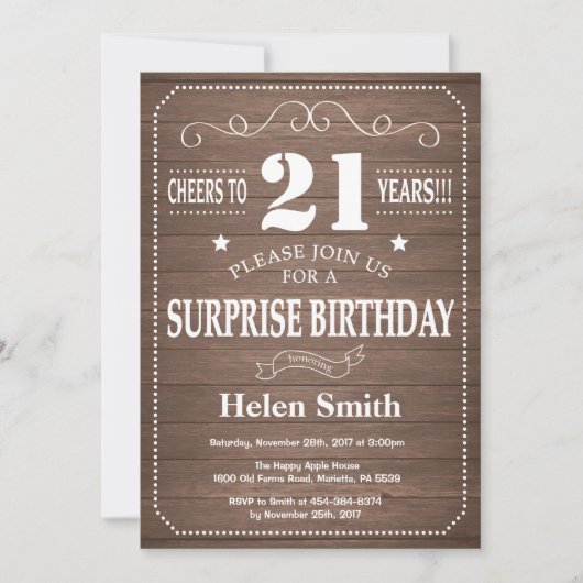Rustic Surprise 21st Birthday Invitation Kaart (Voorkant)