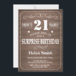 Rustic Surprise 21st Birthday Invitation Kaart<br><div class="desc">Rustic Surprise 21st Birthday Invitation. Witte Typografie. Rustic Wood Background Volwassen verjaardag. Mannelijke Mannen of vrouwen: Birthday. Kinder jongen of meisje Lady Teen Teenage Bday Invite. 13e 15e 16e 18e 21e 30e 40e 50e 60e 70e 80e 90e 100e. Elke leeftijd. Voor verdere aanpassing, te klikken gelieve de knoop "van de...</div>
