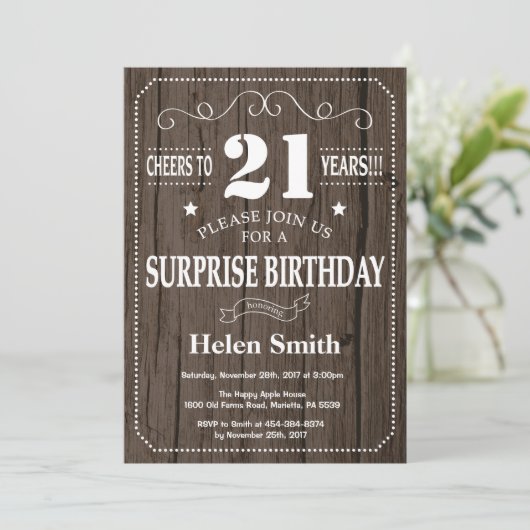 Rustic Surprise 21st Birthday Invitation Kaart (Staand voorkant)