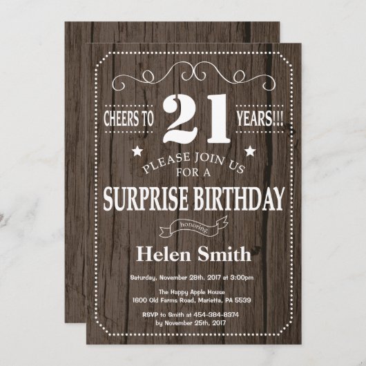 Rustic Surprise 21st Birthday Invitation Kaart (Voorkant / Achterkant)