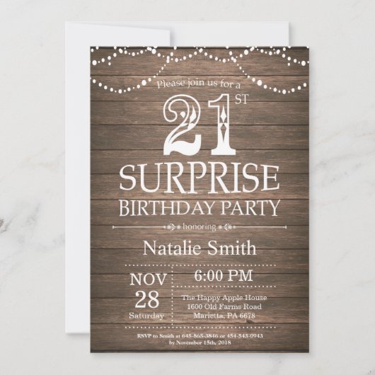 Rustic Surprise 21st Birthday Invitation Kaart (Voorkant)