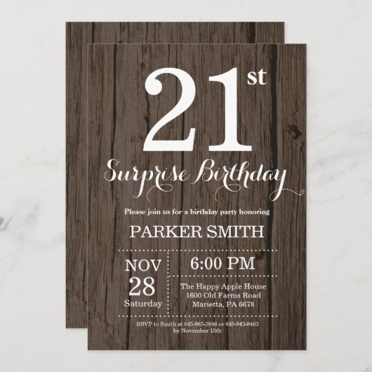 Rustic Surprise 21st Birthday Invitation Kaart (Voorkant / Achterkant)