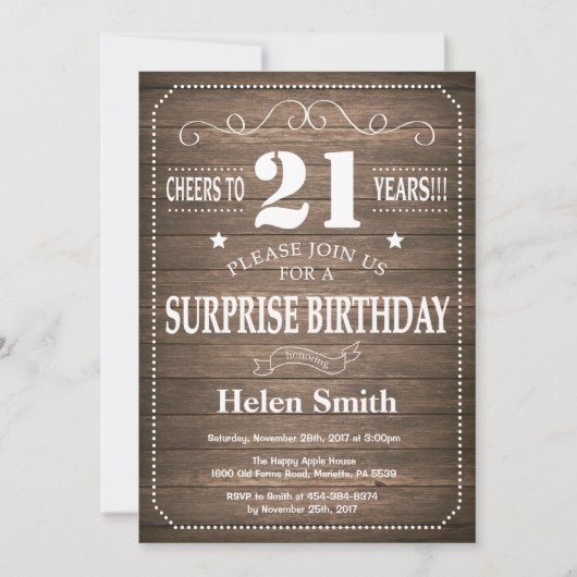 Rustic Surprise 21st Birthday Invitation Kaart (Voorkant)