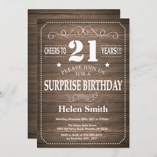 Rustic Surprise 21st Birthday Invitation Kaart (Voorkant / Achterkant)