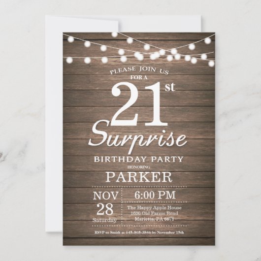 Rustic Surprise 21st Birthday Invitation Wood Kaart (Voorkant)