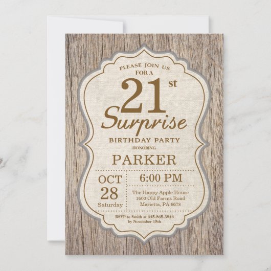 Rustic Surprise 21st Birthday Invitation Wood Kaart (Voorkant)