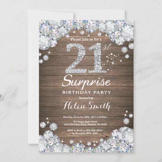 Rustic Surprise 21st Birthday Silver Diamond Kaart (Voorkant)