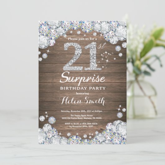 Rustic Surprise 21st Birthday Silver Diamond Kaart (Staand voorkant)
