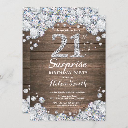 Rustic Surprise 21st Birthday Silver Diamond Kaart (Voorkant / Achterkant)