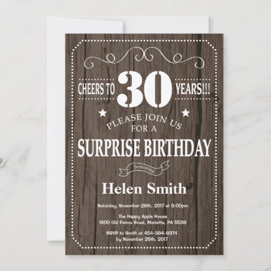 Rustic Surprise 30th Birthday Invitation Kaart (Voorkant)