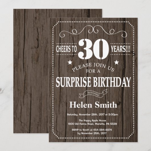Rustic Surprise 30th Birthday Invitation Kaart (Voorkant / Achterkant)