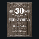 Rustic Surprise 30th Birthday Invitation Kaart<br><div class="desc">Rustic Surprise 30th Birthday Invitation. Witte Typografie. Rustic Wood Background Volwassen verjaardag. Mannelijke Mannen of vrouwen: Birthday. Kinder jongen of meisje Lady Teen Teenage Bday Invite. 13e 15e 16e 18e 21e 30e 40e 50e 60e 70e 80e 90e 100e. Elke leeftijd. Voor verdere aanpassing, te klikken gelieve de knoop "van de...</div>