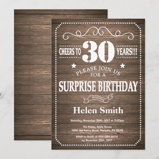 Rustic Surprise 30th Birthday Invitation Kaart (Voorkant / Achterkant)