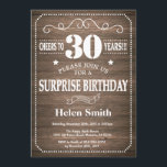 Rustic Surprise 30th Birthday Invitation Kaart<br><div class="desc">Rustic Surprise 30th Birthday Invitation with Rustic Wood Background. Retro. Volwassen verjaardag. Mannelijke Mannen of vrouwen: Birthday. Kinder jongen of meisje Lady Teen Teenage Bday Invite. 13e 15e 16e 18e 21e 30e 40e 50e 60e 70e 80e 90e 100e. Elke leeftijd. Voor verdere aanpassing, te klikken gelieve de knoop "van de...</div>