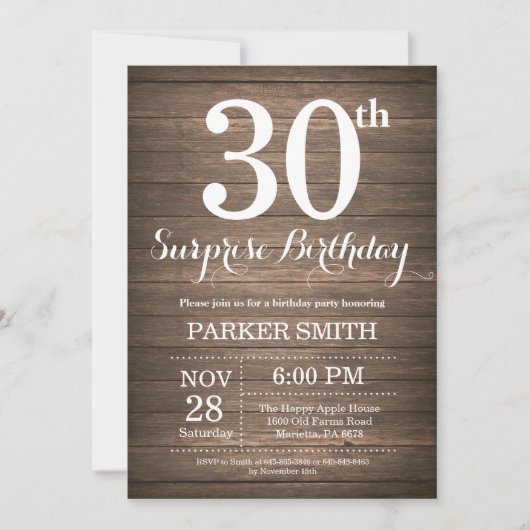 Rustic Surprise 30th Birthday Invitation Kaart (Voorkant)